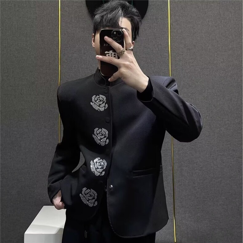 2026新中式立领黑色西装外套男高级感小众烫钻花朵重工垫肩西服，男装西服套装，星座506A