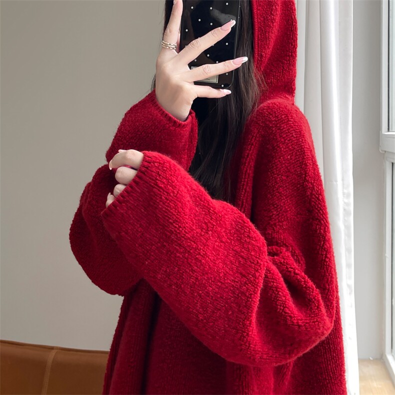 秋冬连帽100%纯羊毛衫女半开拉链加厚针织帽衫宽松慵懒羊绒衫上衣,女装羊毛衫,东远绒业