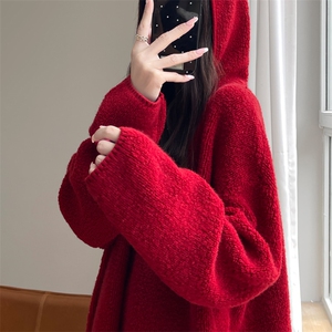 秋冬连帽100%纯羊毛衫女半开拉链加厚针织帽衫宽松慵懒羊绒衫上衣图片