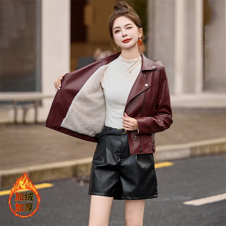 海宁皮衣女2024秋冬修身仿绵羊皮女士短款皮夹克小个子气质皮外套,女装皮衣,江南女神