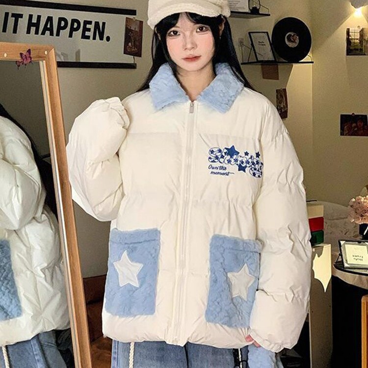韩系学院风polo领毛茸围巾棉衣外套女学生冬季新款氛围感百搭棉服,男装棉衣,星座218-8