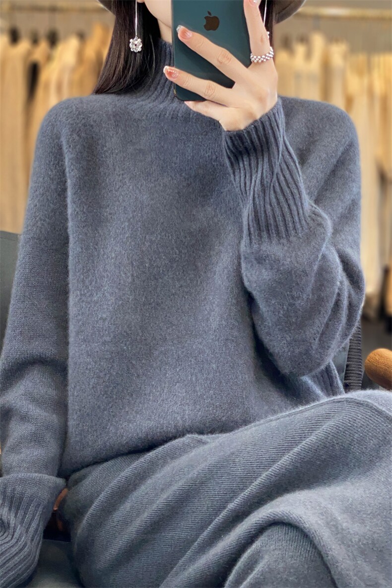 半高圆领羊毛纯色套头长袖2024年秋季针织衫,女装羊毛衫,大美人包芯纱店