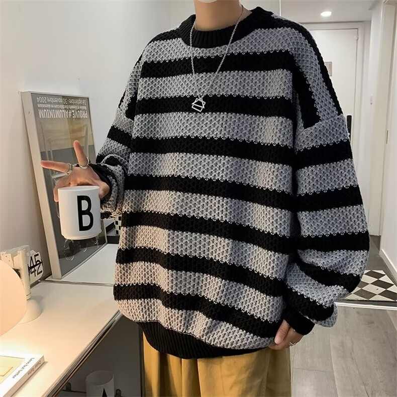 宽松型条纹宽松休闲针织衫百搭毛衣男圆领长袖潮青少年7128P47,男装针织衫/毛衣,星座410-2