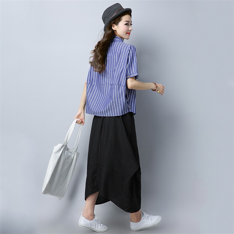 条纹优雅韩版方领套头2021年夏季短袖修身显瘦甜美衬衫,女装衬衫,叶笙衣