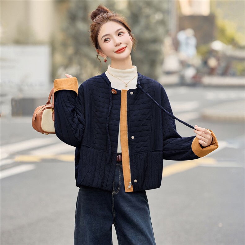 时尚圆领撞色短款棉服女2025冬新款休闲宽松保暖棉衣夹棉加厚外套,女装棉衣/棉服,余墨