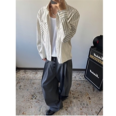 DC17-批40泡泡纱竖条纹衬衫日系肌理感宽松休闲廓形长袖衬，男装衬衫，星座603-2