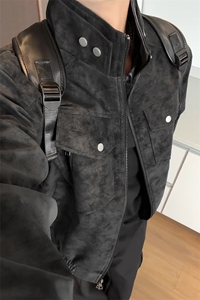 特批P95无差价cleanfit正肩扎染PU皮宽松飞行夹克皮衣外套男J5237图片