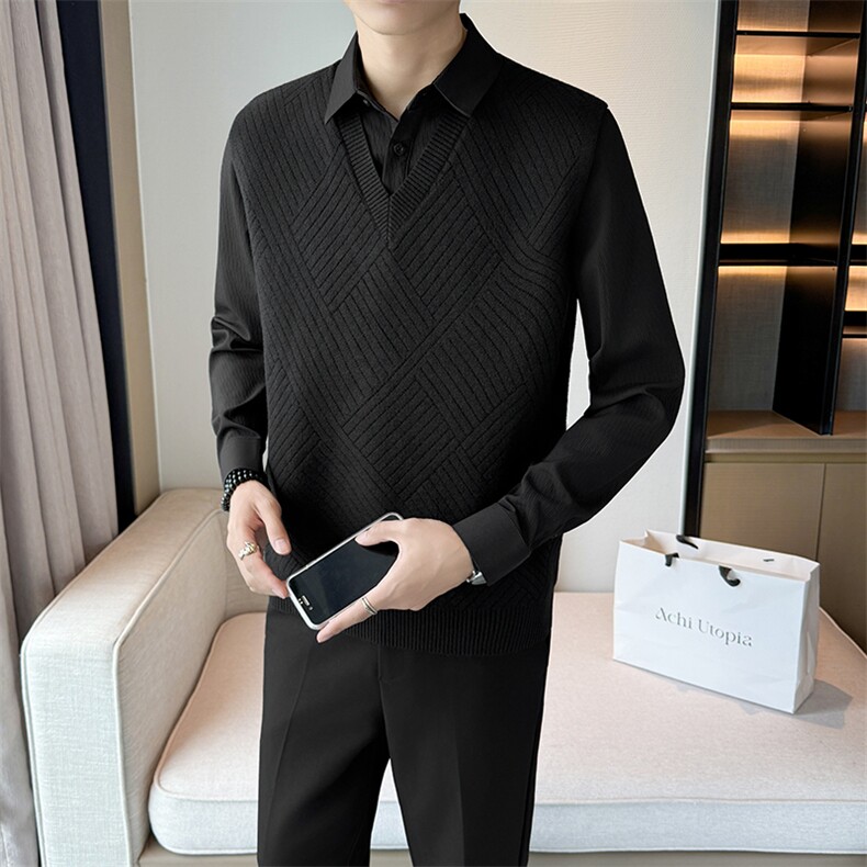 2025抖音男士假两件卫衣衬衫领新款刺绣针织打底衫CS23--P68,男装T恤,电商B278