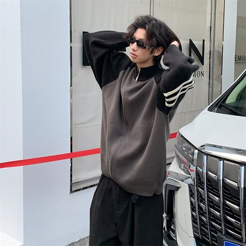 重磅秋冬北极绒开衫毛衣美式复古休闲慵懒风撞色立领针织衫外套,男装针织衫/毛衣,电商A486