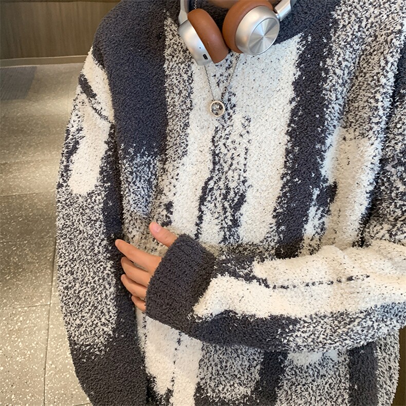 美式慵懒风不规则竖条纹高级感圆领毛衣男女针织衫-控88,男装针织衫/毛衣,星座310A-3