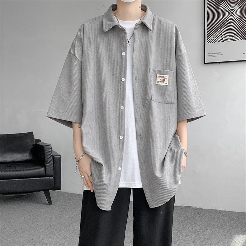 短袖衬衫男士夏季新款港风宽松大码灯芯绒衬衣CS005-P35图片