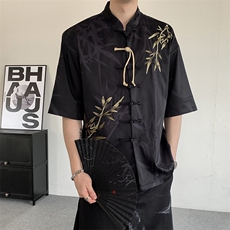 夏装2025新中式风竹叶盘扣男女刺绣短袖衬衫唐装上衣民族服装，男装衬衫，星座909