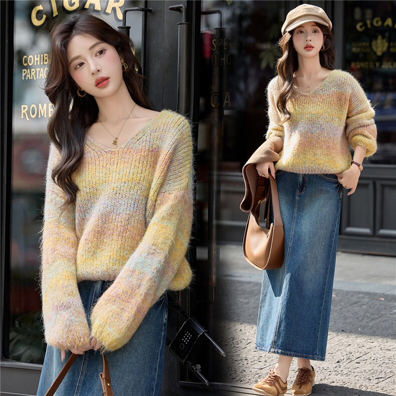 现货！V领套头针织衫时尚女毛衣2025秋季新款宽松好看设计感毛衣,针织衫/毛衣,众宇琦