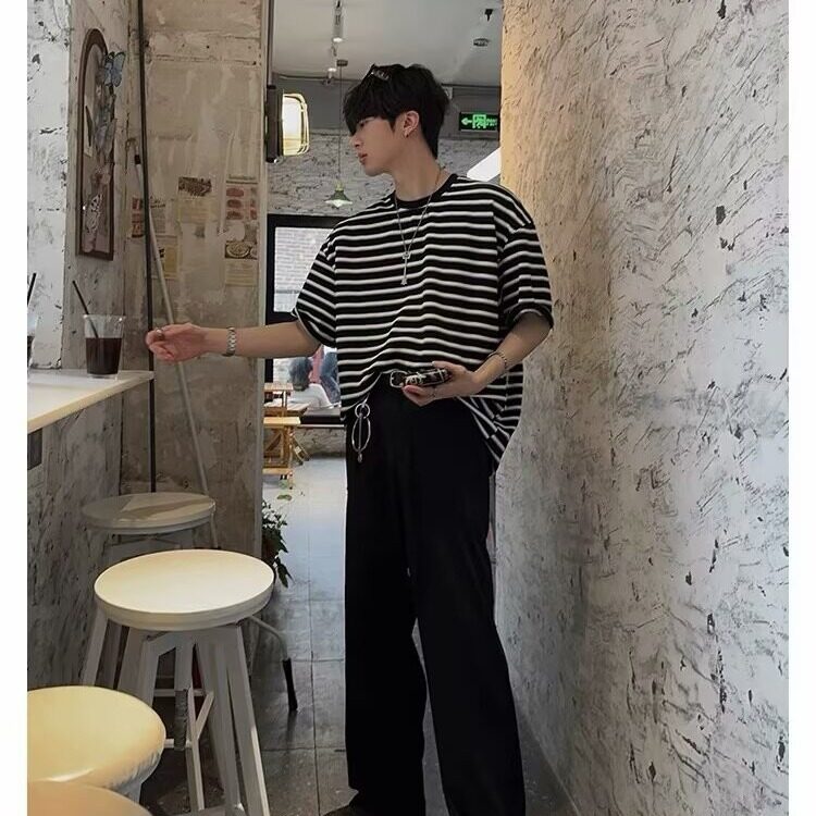 【网图现货】美式宽松复古条纹重磅百搭潮流T恤男T189/特p35,男装T恤,星座205-3