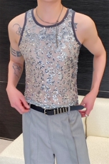 夏季亮片拼接弹力紧身圆领背心潮流痞帅舞台装男女坎肩，男装T恤，电商A246