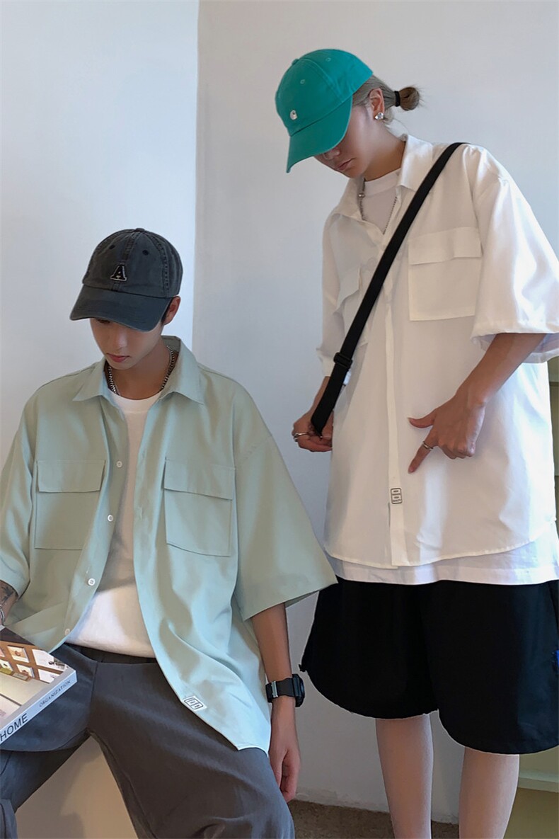 C3070/P35新款男士冰丝工装多口袋短袖衬衣男韩版潮大码外套衬衫,男装衬衫,电商A141