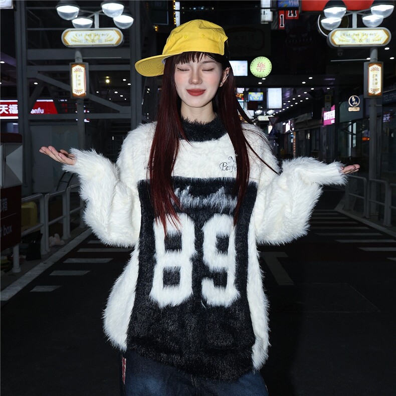 美式数字提花拼色V领毛衣女秋冬潮牌宽松慵懒仿水貂毛针织衫,男装针织衫/毛衣,星座506A