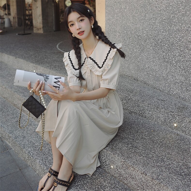 减龄开衫海军娃娃领杏色连衣裙女夏季2025新款初恋清纯奶甜长裙子,女装连衣裙,浙宝276（原081）