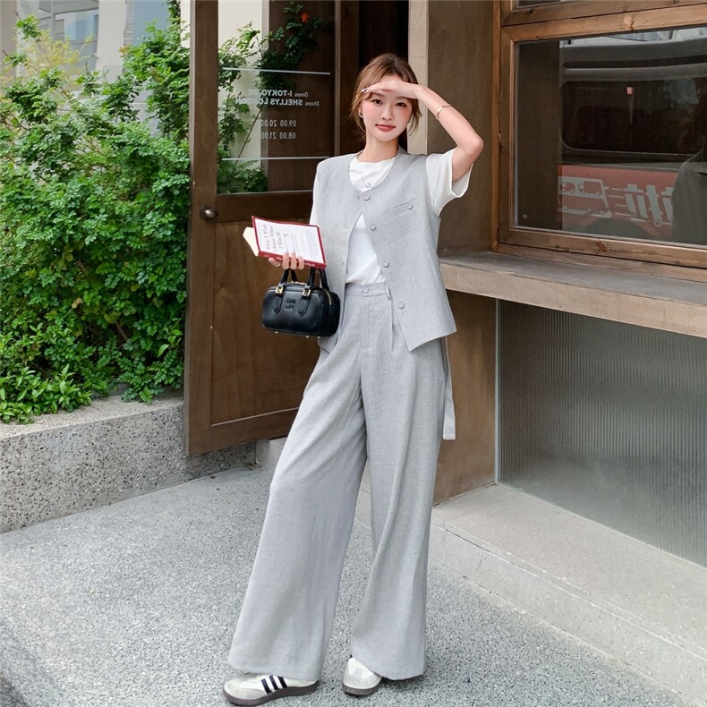 休闲气质浅灰色马甲阔腿裤套装女2025夏季新款又酷又飒显瘦两件套,女装套装/套裙,浙宝069