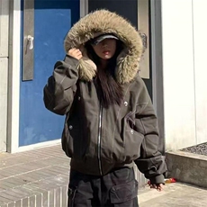 现货重磅boxy短款棉衣座山雕大毛毛领男女棉服水洗工装厚外套，男装棉衣，电商A486