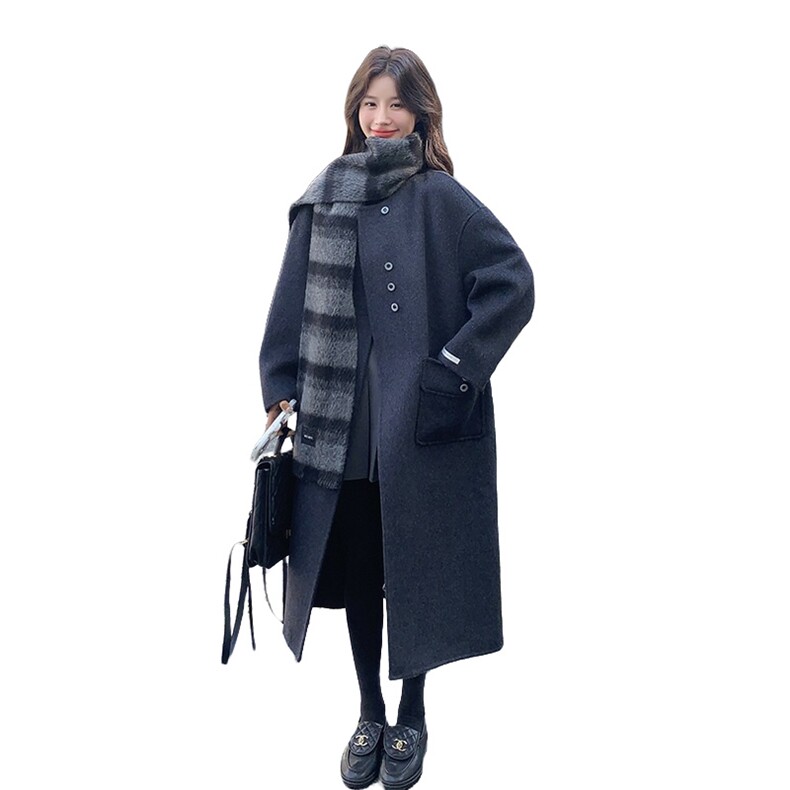 灰色围巾款双面毛呢外套女冬季新款韩版长款高级感气质羊毛大衣,女装毛呢外套,2D014