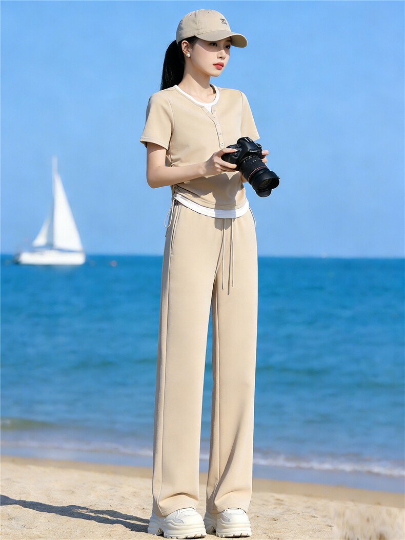 高品质时尚气质减龄套装女夏季新款拼接假两件上衣阔腿长裤两件套,女装套装/套裙,江南