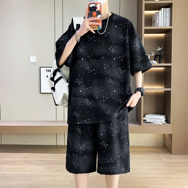 港风套装男宽松满天星扎染短袖T恤短裤休闲套装TZ6632-P55,男装牛仔裤,星座310B-3