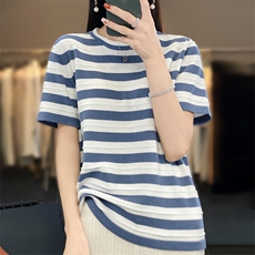撞色条纹100%纯棉T恤女薄款圆领短袖夏季新款宽松慵懒风半袖打底，女装针织衫/毛衣，郡淞羊绒