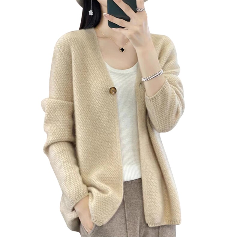 开衫女一粒扣V领秋冬慵懒软糯休闲宽松保暖针织衫,针织衫/毛衣,萱芳婷羊绒