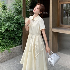 奶黄色花边衬衫连衣裙女夏2025新款收腰显瘦气质简单大方绝美裙子，女装连衣裙，2C212