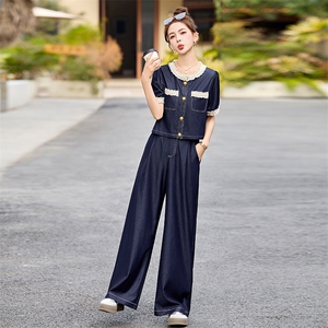 牛仔套装女2025夏新款韩系高级感小香风气质减龄阔腿裤穿搭一整套图片