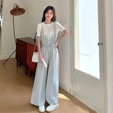 甜美浅蓝色蕾丝拼接背带裤套装女夏2025新款韩系休闲高级感三件套，女装套装/套裙，2C272