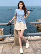 女夏新款时尚减龄套装圆领侧绑带晕染设计短袖上衣蕾丝短裤两件套，女装套装/套裙，江南