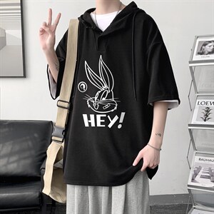LD54179-P45连帽短袖t恤男大码胖子带帽五分袖中袖大皂风