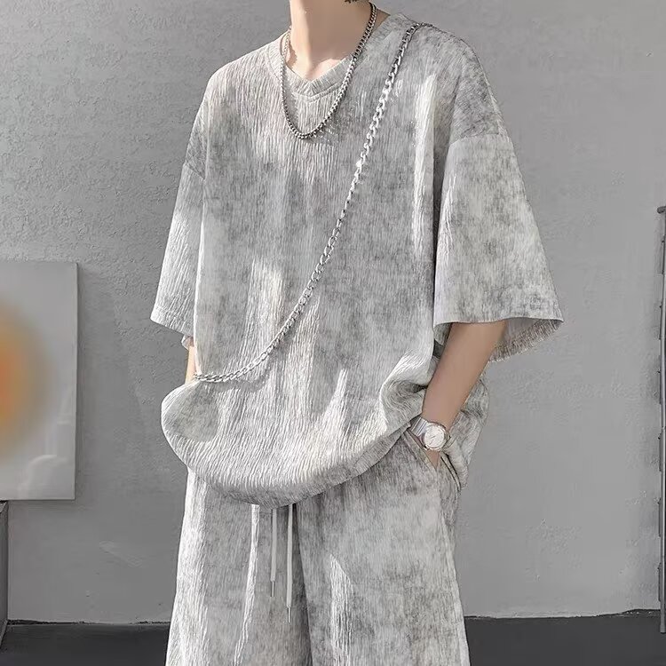 运动套装男款夏季宽松一整套穿搭V领短袖t恤美式扎染休闲短裤,男装休闲套装,星座1210-1