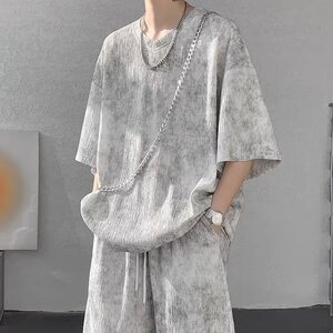 运动套装男款夏季宽松一整套穿搭V领短袖t恤美式扎染休闲短裤,长款呢子裙摆大衣外套搭配图片