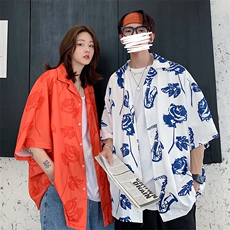 2021情侣装夏装新款原宿玫瑰印花夏威夷短袖衬衫外套D86P48女类，女装衬衫，电商A335-1（原A458）