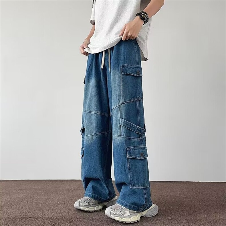 多口袋廓形牛仔裤潮牌情侣街头宽松工装阔腿裤古着长裤7038/P60，男装牛仔裤，星座506