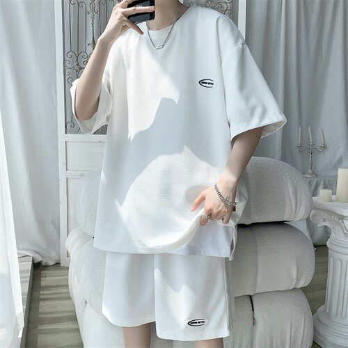 TZ65556/P40华夫格夏季宽松贴标套装男T恤短裤两件套大码港风控78，男装牛仔裤，电商A141