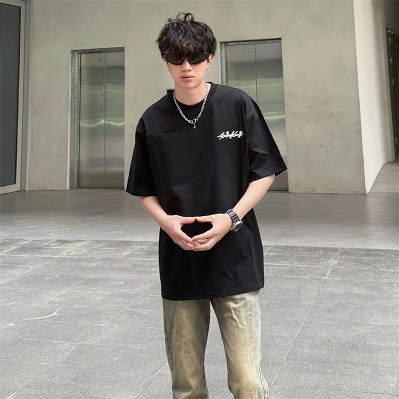 万针全刺绣工艺抖音得物高品质260克重磅纯棉双纱美式高街短袖T恤,男装T恤,电商A486