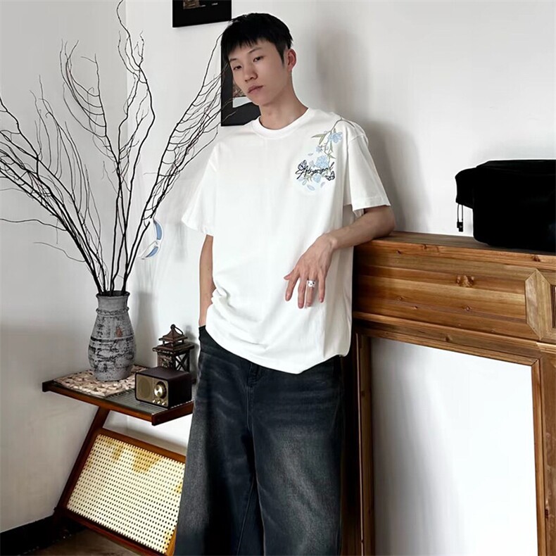 万针全刺绣解构设计260克重磅双纱纯棉高品质美式高街短袖T恤特35,男装T恤,电商A486-1