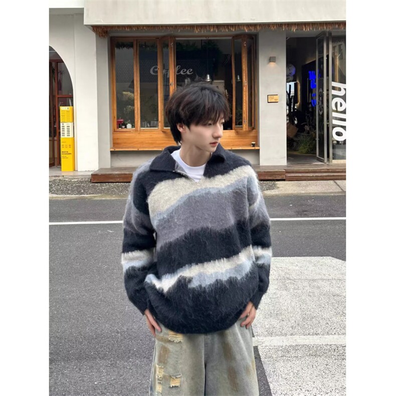 日系慵懒新款原宿简约文艺气质百搭仿貂毛套头立领毛衣潮流时尚,男装针织衫/毛衣,星座506A