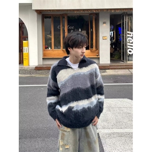 日系慵懒新款原宿简约文艺气质百搭仿貂毛套头立领毛衣潮流时尚图片