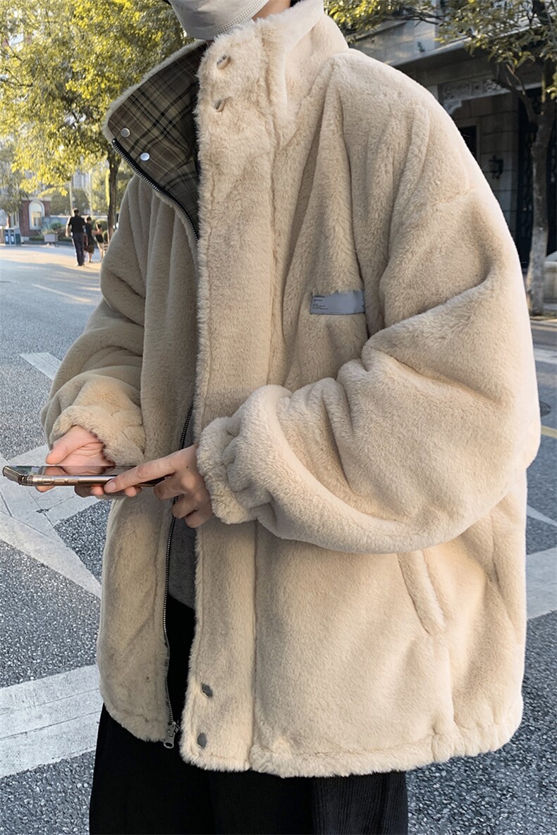 冬季棉服加厚保暖格子棉衣港风潮流两面穿羊羔毛外套男MY56-P135,男装棉衣,电商B295