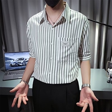 条纹短袖衬衫男夏季轻熟风痞帅正装修身薄款七分袖上衣CS617，男装T恤，星座1116A-2（原606A-1）