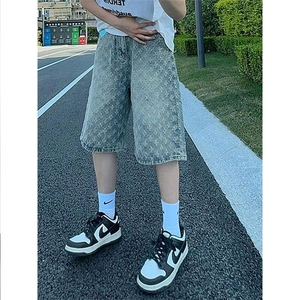 满印提花美式复古牛仔短裤男夏季薄款hiphop裤子潮牌设计感五分裤图片