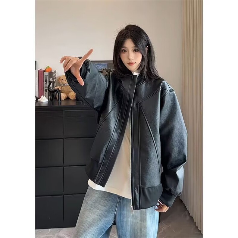 黑色解构短款皮衣外套男款秋季高级感痞帅pu皮夹克机车美式棒球服,男装夹克,星座506A