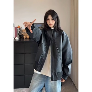 黑色解构短款皮衣外套男款秋季高级感痞帅pu皮夹克机车美式棒球服