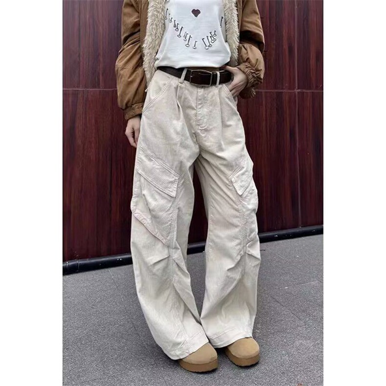 美式复古棕色多口袋牛仔裤男女春秋褶皱宽松休闲工装裤直筒阔腿裤，男装休闲裤，星座506A