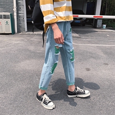 港风绿色破洞牛仔裤男女chic韩版毛边休闲九分裤N/，男装牛仔裤，电商D202